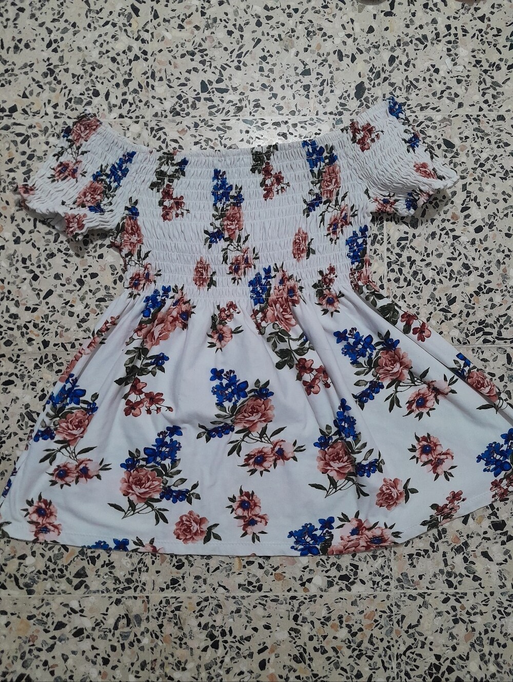 Girls White Off-Shoulder Floral Dress with Pink and Blue Blooms